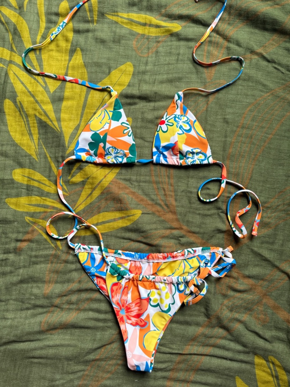 Source Unknown Floral Triangle Bikini in Orange, Yellow, Blue, Green, White